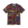 Graffiti-style peace signs, love hearts, and flowers cover this oversized full print tee, with dripping paint effects on a brick wall background.