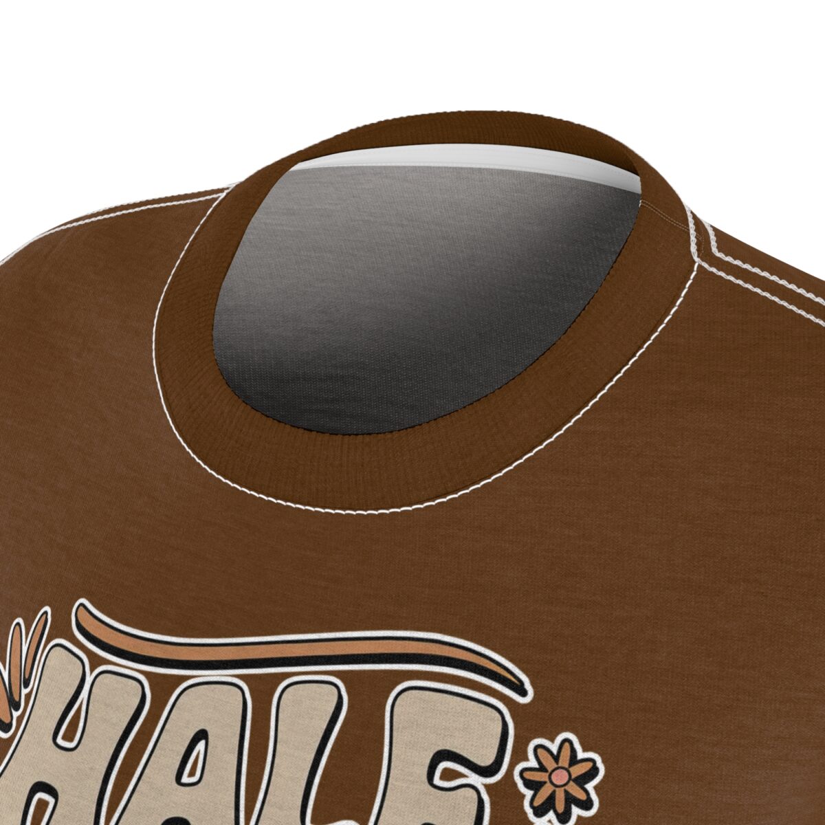 Brown and beige text reading 'HALF BAKED' with daisy accents covers this all over print apparel, featuring a retro graphic design with a 70s vibe.