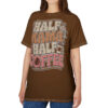 Cream, tan, and pink lettering with coffee bean and flower accents cover this sublimation graphic tee, celebrating a mother's love for coffee.