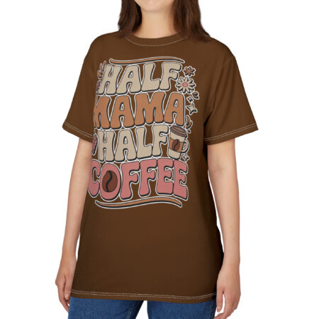 Cream, tan, and pink lettering with coffee bean and flower accents cover this sublimation graphic tee, celebrating a mother's love for coffee.