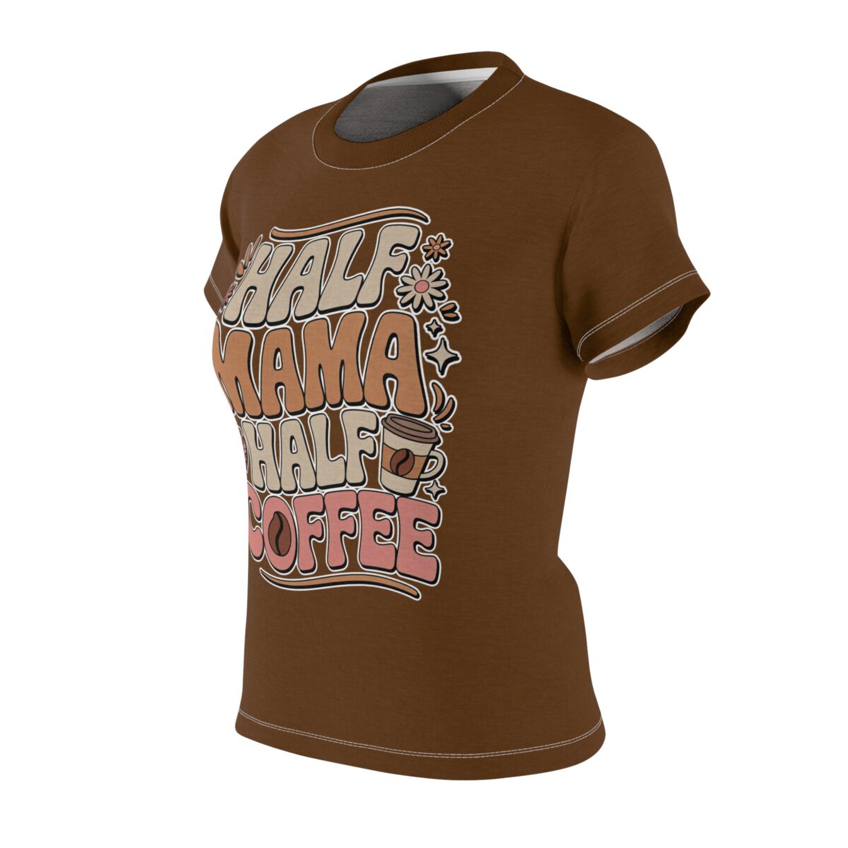 Cream, tan, and pink lettering with flowers and a coffee cup fill this sublimation graphic tee, featuring a retro design.