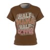 Brown sublimation graphic tee featuring 'Half Mama Half Coffee' in groovy, rounded lettering with floral accents and coffee cup illustrations.
