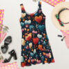 Dark navy skater dress with an all over print of stylized hearts and floral elements in vibrant orange, teal, and pink.