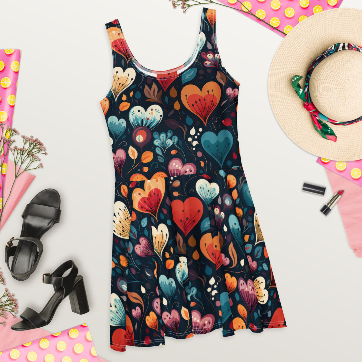 Dark navy skater dress with an all over print of stylized hearts and floral elements in vibrant orange, teal, and pink.