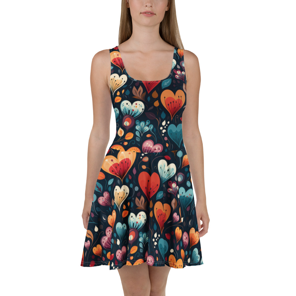 All over print skater dress featuring a vibrant seamless heart and floral pattern in shades of orange, teal, and pink on a dark navy background.