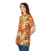 All over print retro floral t-shirt, seamless sublimation graphic, vintage pattern, orange, white, yellow, green flower design, brown collar.