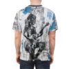 White all-over print t-shirt, black electric guitar player graphic, distressed newspaper text collage, blue paint splatters, seamless wrap-around sublimation design.