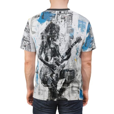 White all-over print t-shirt, black electric guitar player graphic, distressed newspaper text collage, blue paint splatters, seamless wrap-around sublimation design.
