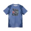 Blue and dark blue abstract splotches cover this oversized full print tee, with a graphic of