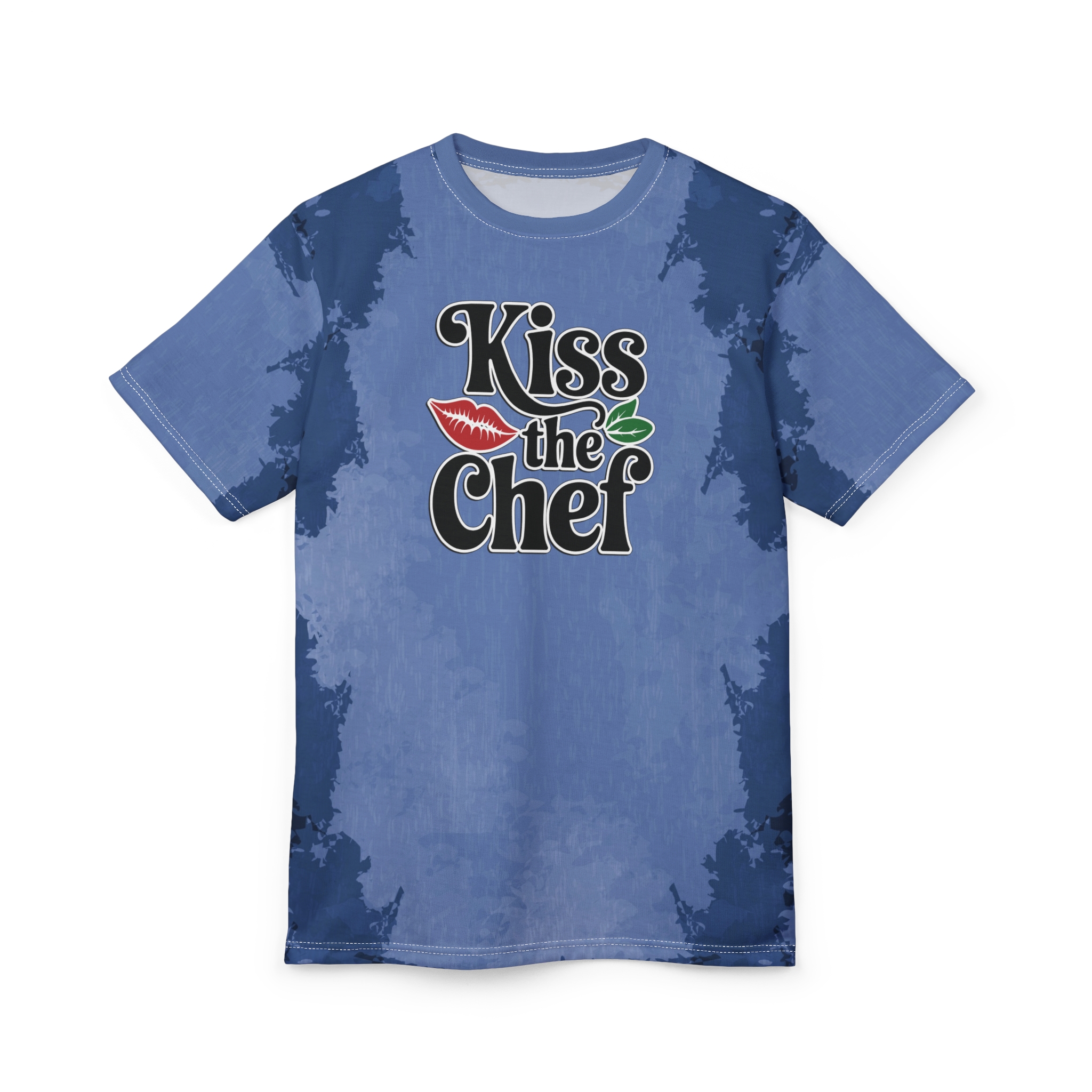 Blue and dark blue abstract splotches cover this oversized full print tee, with a graphic of "Kiss the Chef" in the center.