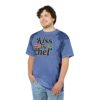 Dark blue and lighter blue tie-dye patterns cover this seamless pattern tee, featuring the words