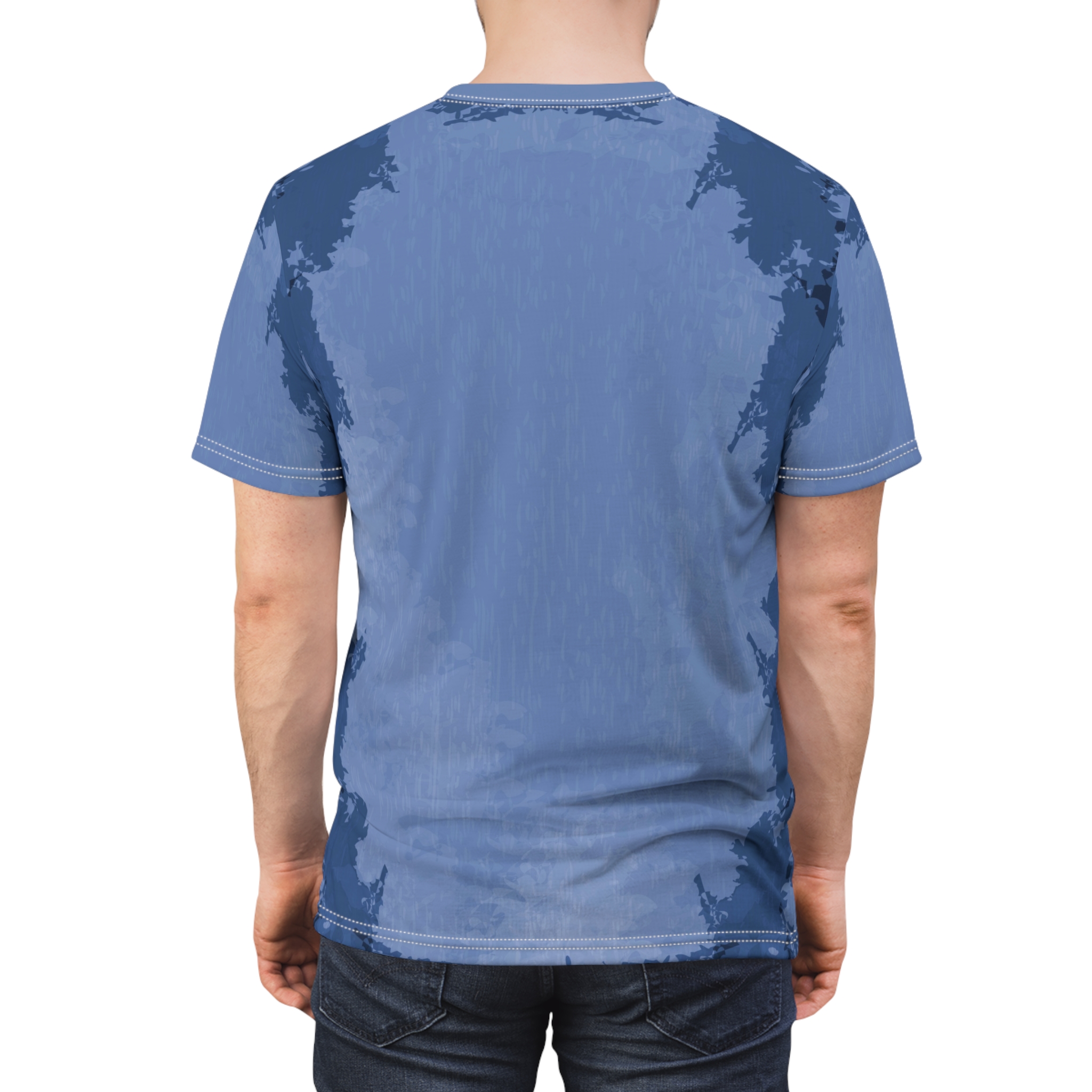 Blue and dark blue abstract splotches cover this seamless pattern tee, with a subtle vertical striation texture throughout.