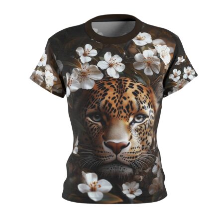 All over print sublimation tee featuring a detailed leopard face surrounded by white cherry blossoms and dark foliage.