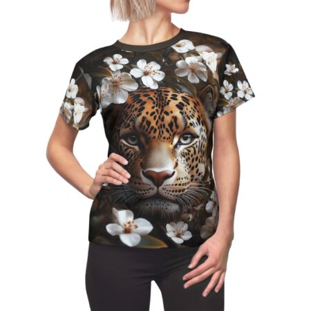 Leopard face and white flowers all over print sublimation tee, featuring intricate wildlife and floral seamless wrap around graphic design.