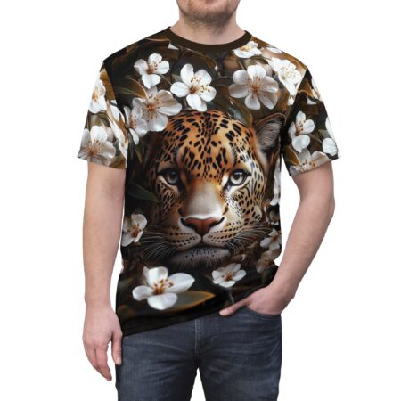 All over print t-shirt featuring a detailed leopard face surrounded by white flowers and dark leaves.