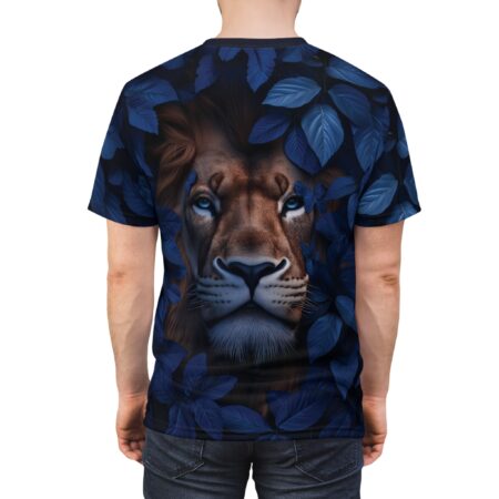 Lion all over print sublimation tee with intense blue eyes and dark blue foliage graphic. Streetwear aesthetic design.