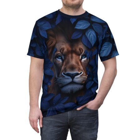 Cyber grunge all over print t-shirt showcasing a detailed lion face graphic surrounded by dark blue leaves.