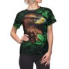 Vibrant green foliage patterns cover this full print shirt, framing detailed brown eagle artwork.