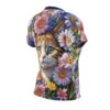 All over print sublimation tee featuring a cute orange tabby cat face peeking through vibrant pink and blue daisy flowers.
