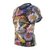 Orange tabby cat face surrounded by vibrant pink, purple, and white daisies on an all over print sublimation tee.
