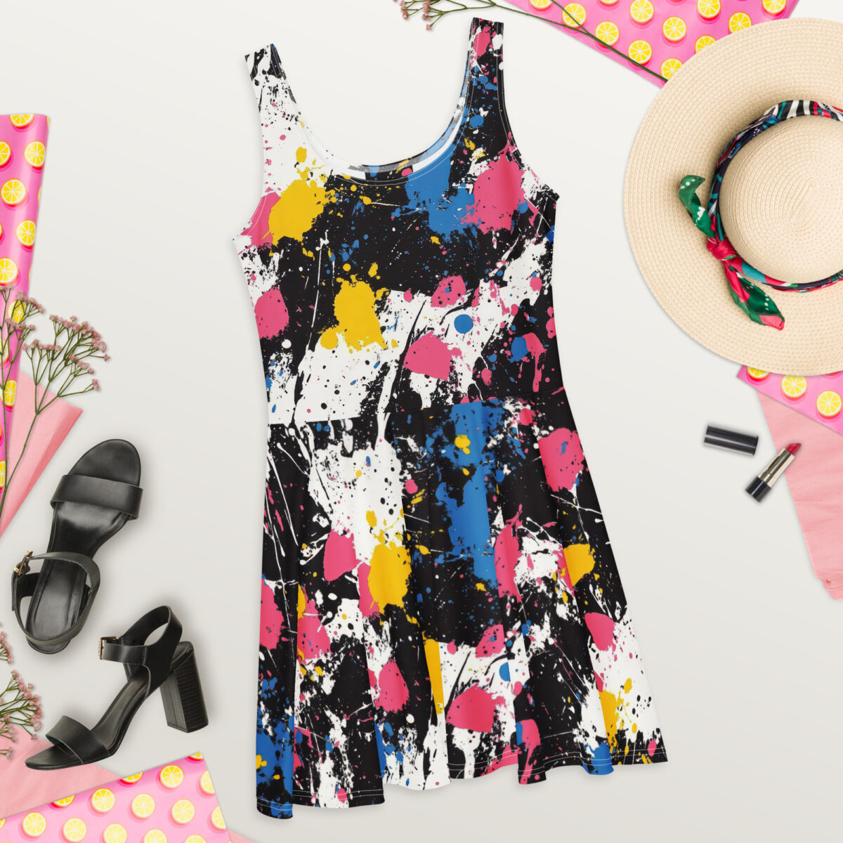 Flirty Colorful Splash Artistic Skater Dress – twirly skater-style women’s dress