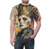 All over print sublimation tee, street art collage graphic, regal figure with golden crown, newspaper text, vibrant multi-color paint splatters, seamless wrap around design.