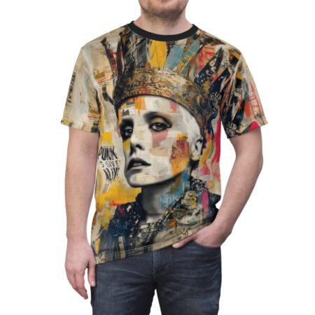 All over print sublimation tee, street art collage graphic, regal figure with golden crown, newspaper text, vibrant multi-color paint splatters, seamless wrap around design.