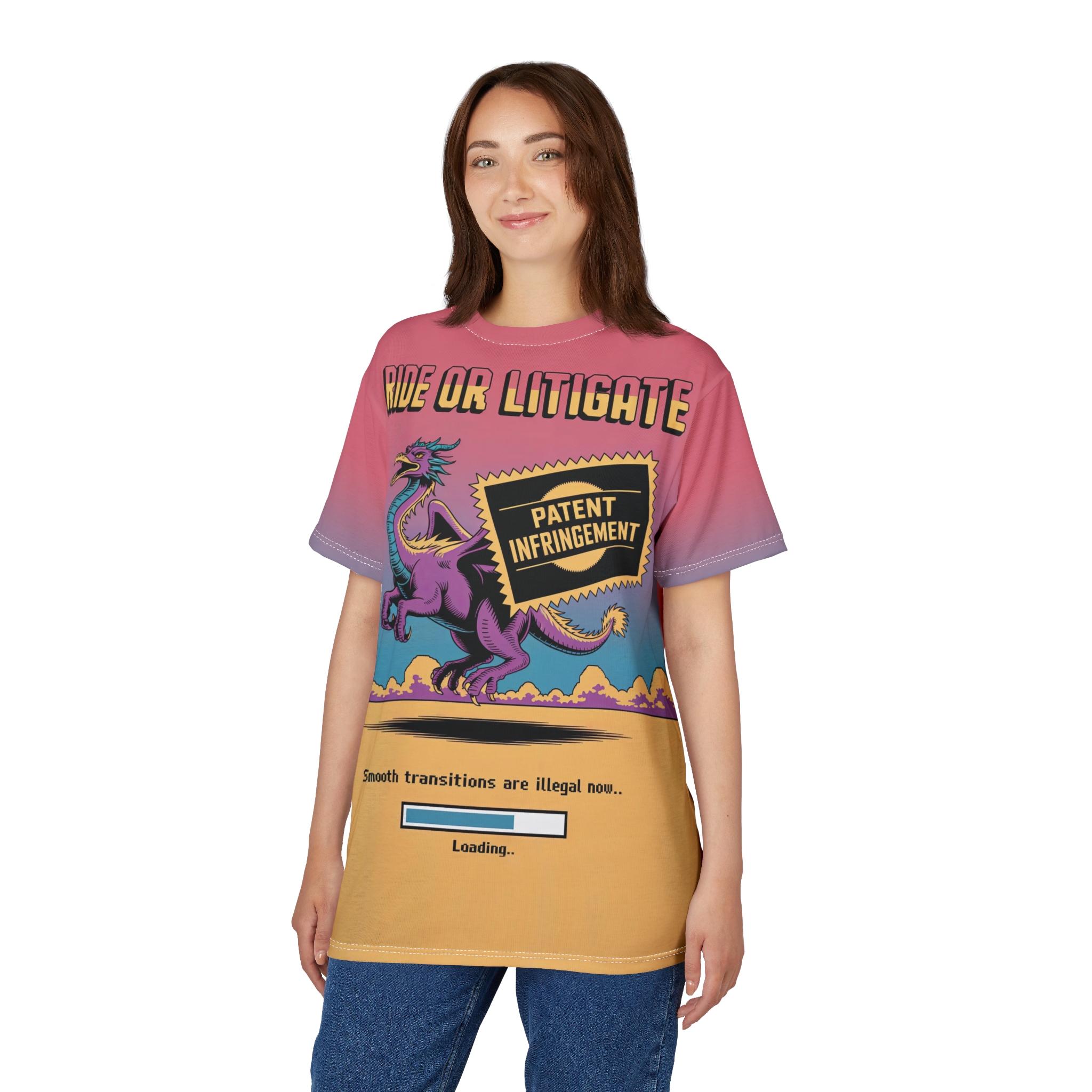 Purple dragon on a vintage-toned all over print t-shirt with "Patent Infringement" text.