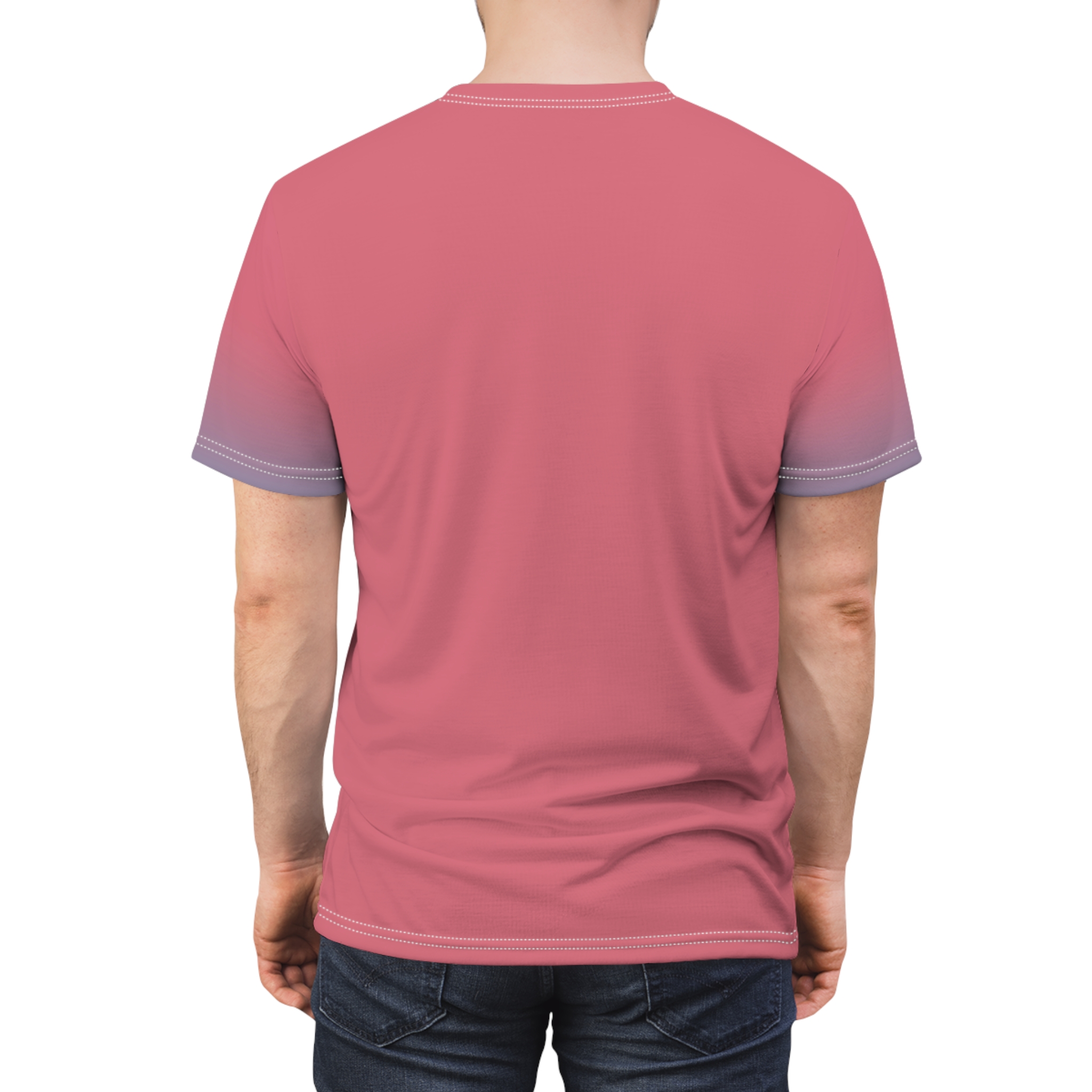 Faded coral to lavender gradient on a t-shirt with white stitching detail.