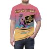 Pink to yellow gradient tee with a purple dragon holding a 