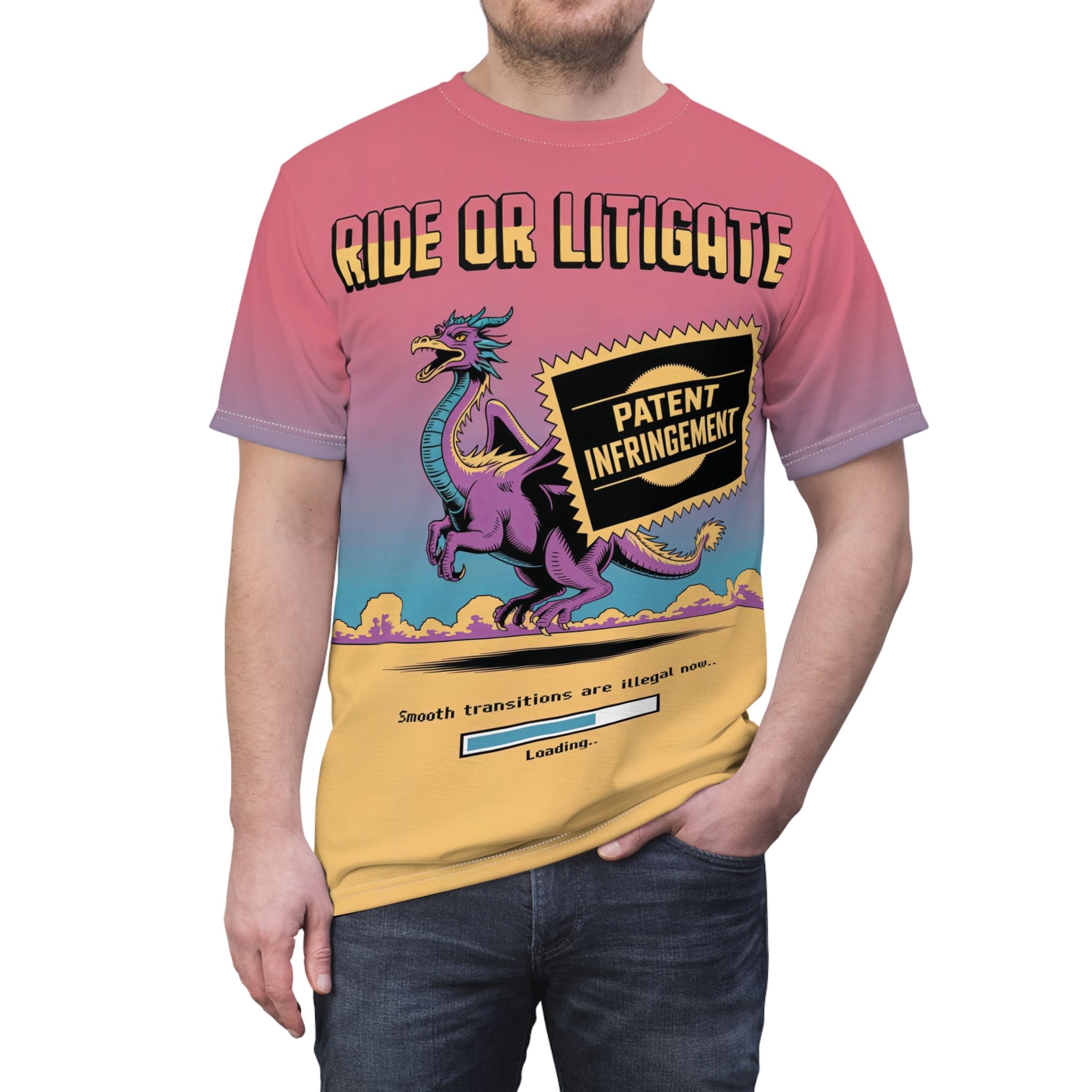 Pink to yellow gradient tee with a purple dragon holding a "Patent Infringement" sign. This is an all over print t-shirt.