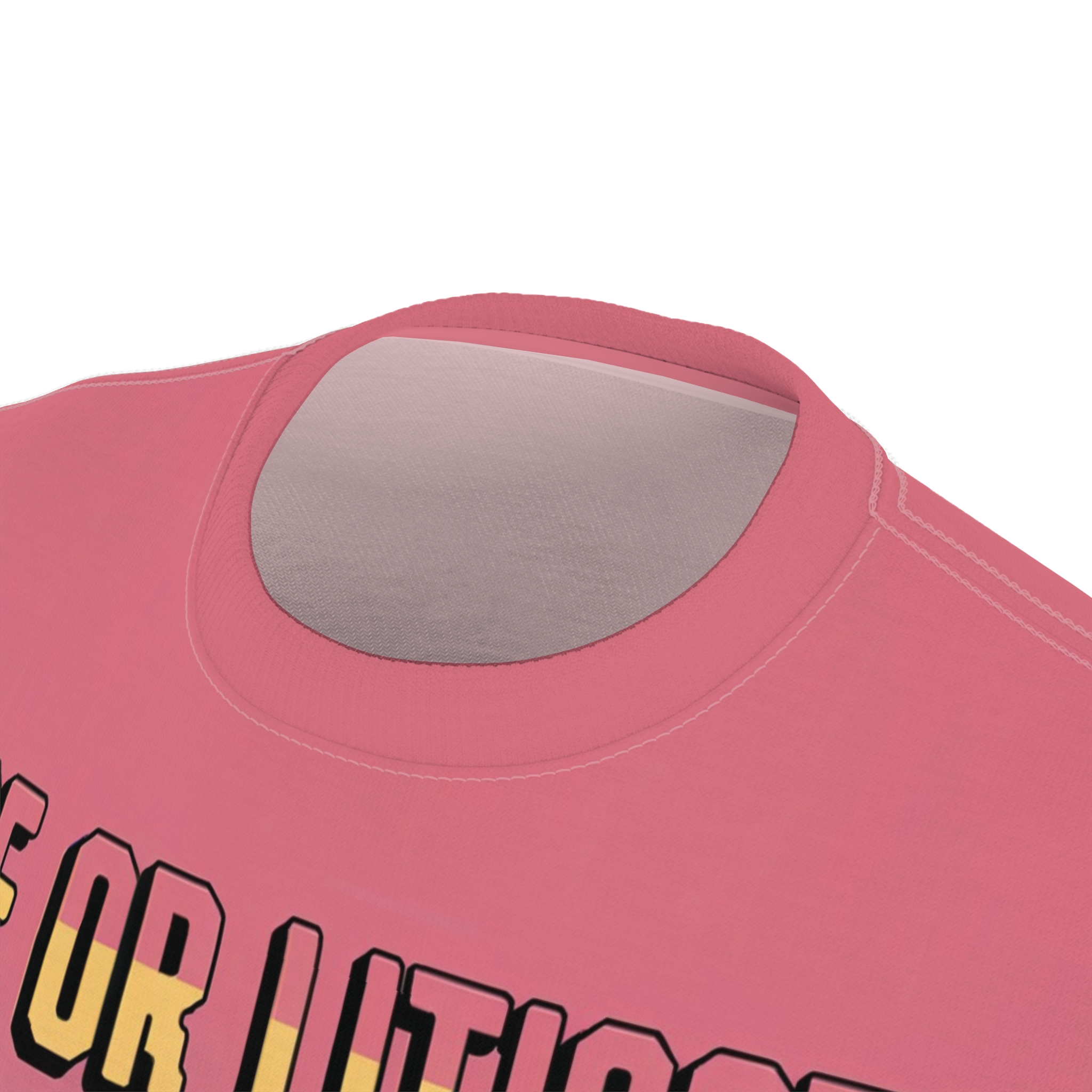 Pink t-shirt with black and yellow bold text graphics and a seamless pattern tee design.