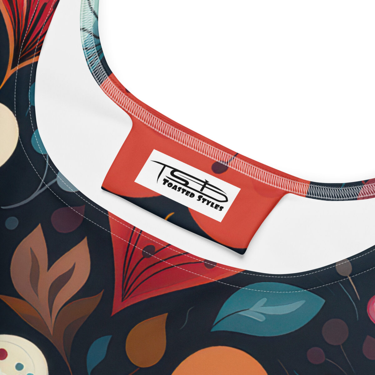 Retro floral sublimation tee with a vintage pattern, featuring abstract flowers and leaves in deep blues, oranges, and reds on a dark background.