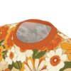 Seamless all over print sublimation tee, retro repeat print, vintage floral pattern, orange, yellow, white flowers, green leaves, cream background, orange crewneck collar.