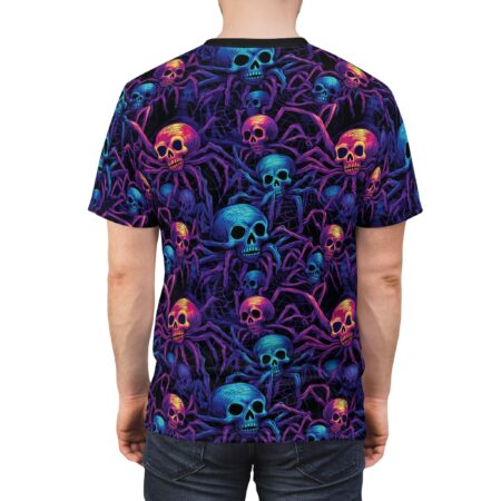 All over print sublimation tee showcasing a spooky spider and skull graphic design with neon purple and blue hues, perfect for streetwear.