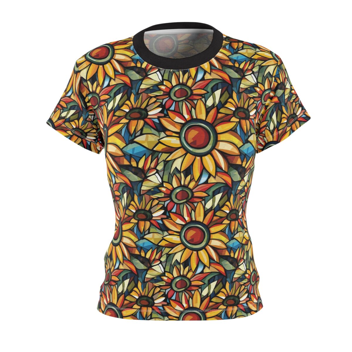 Sunflower all over print sublimation tee with bold stained glass style graphic and vibrant yellow, orange, and blue colors.