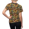 Women's all over print sublimation tee with a vibrant stained glass sunflower pattern and dark green leaves.