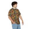 All over print t-shirt, retro repeat print, stained glass sunflower pattern, yellow, orange, red, blue, green, dark blue crewneck collar. Seamless sublimation tee design.