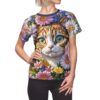Tabby cat and colorful daisy floral all over print sublimation tee featuring big green eyes and wrap around graphic.