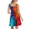 Tribal flame all over print skater dress with vibrant blue, red, and orange sublimation design.
