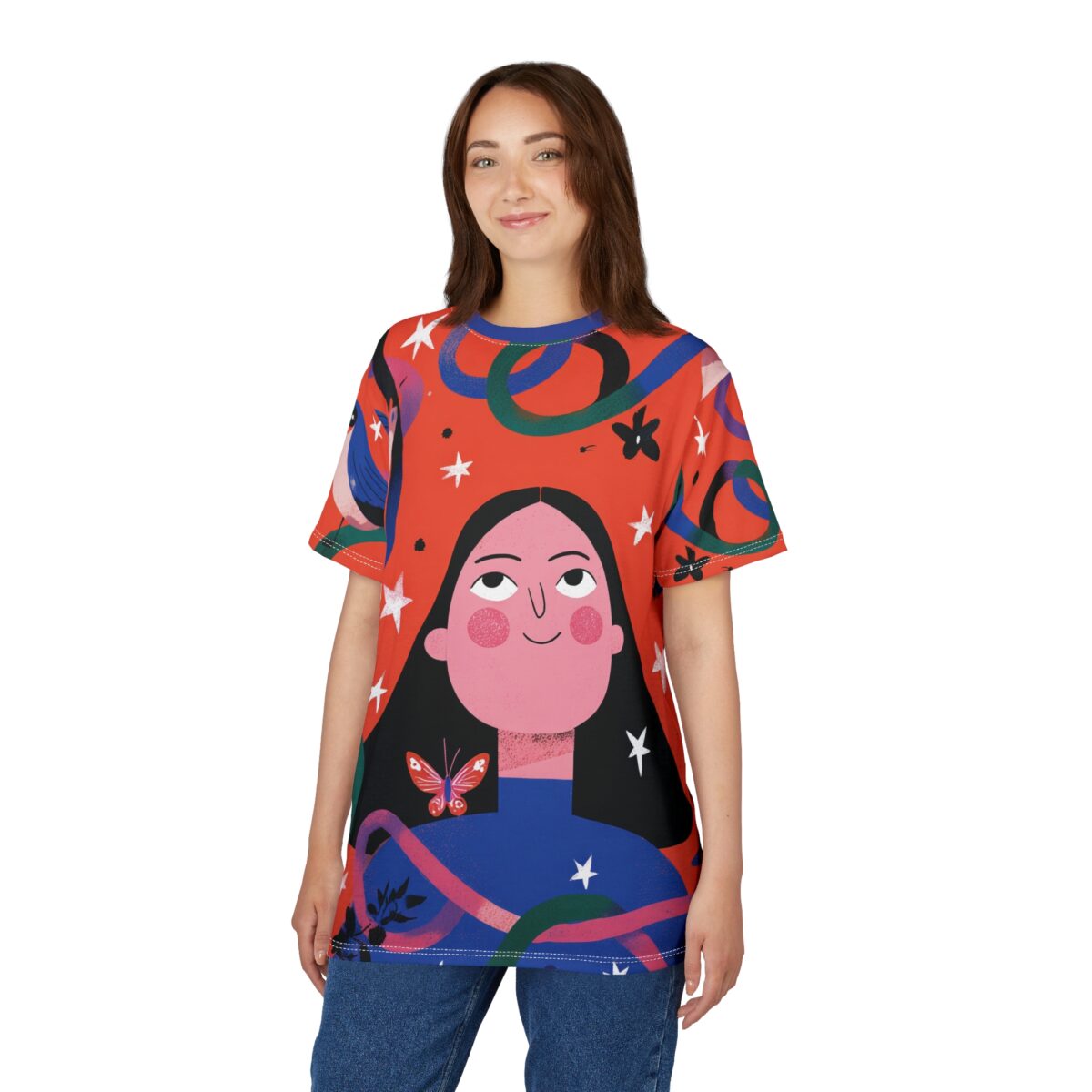Vibrant all-over print t-shirt, stylized face graphic, long dark hair, rosy cheeks, abstract blue, pink, green ribbons, white stars, butterfly detail, red background, seamless sublimation print.