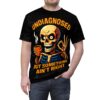 Black all over print, grunge texture, skeleton graphic, coffee cup, 'OK' gesture, orange 'UNDIAGNOSED BUT SOMETHING AIN'T RIGHT'.