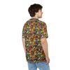 Vibrant yellow, orange, and red sunflowers with green and blue leaf accents cover this sublimation graphic tee, in a stained-glass-inspired pattern.