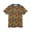 Orange, yellow, and red sunflowers with green leaves and blue geometric shapes cover this seamless pattern tee, forming a vibrant mosaic of nature's beauty.