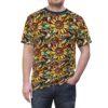 Yellow, orange, red, blue, and green stained-glass-like shapes form a dense pattern of sunflowers covering this oversized full print tee.