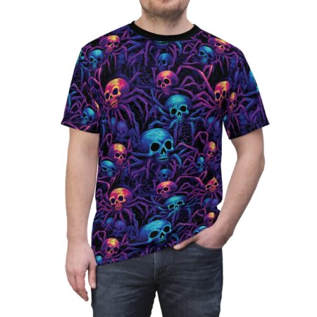 Vibrant Skull / Spider Unisex All Over Print T-Shirt - Halloween T-Shirt - Gothic Fashion - Edgy Casual Wear - Unique Graphic All Over Print T-Shirt