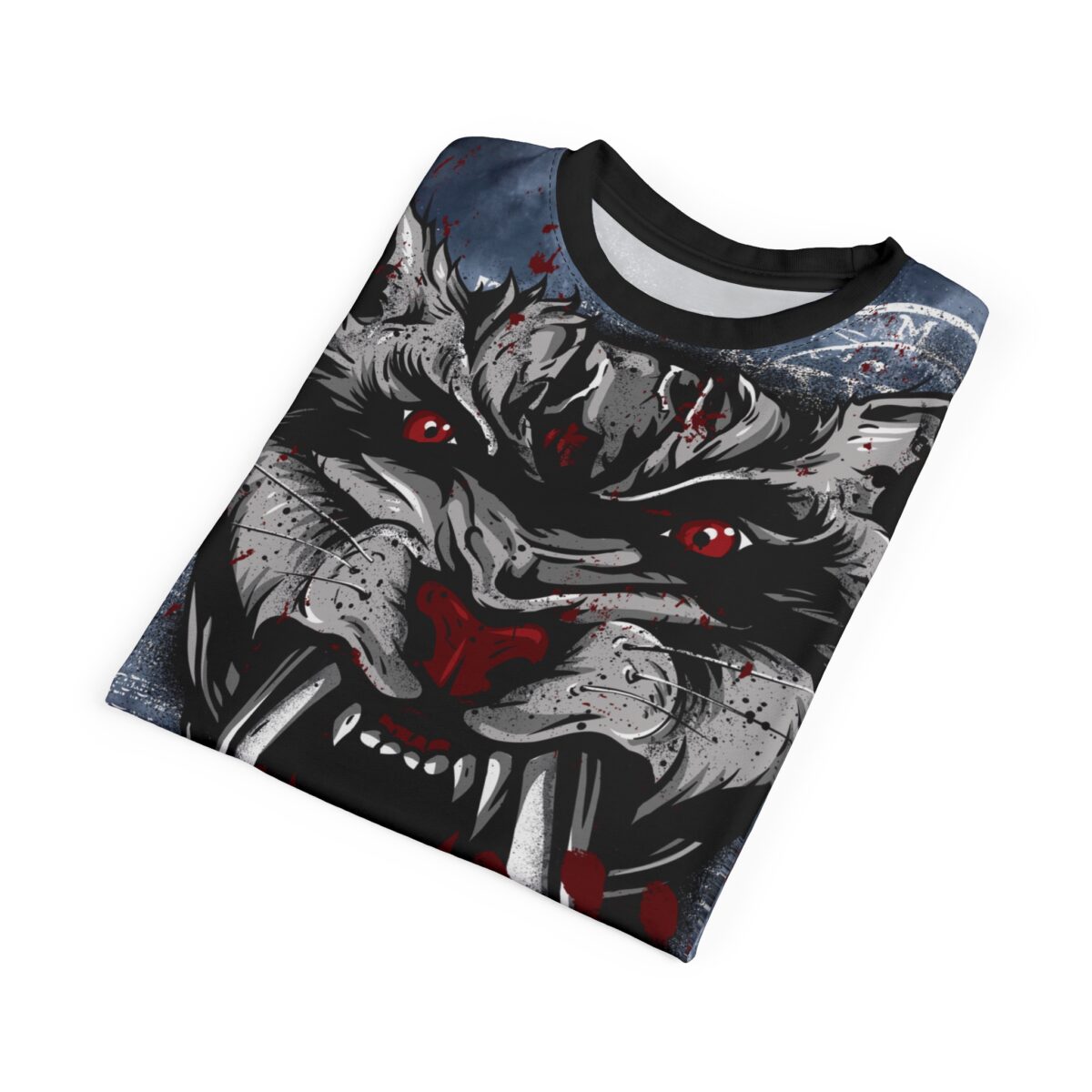 Streetwear all over print t-shirt, snarling grey werewolf, red eyes, fangs, blood splatter, dark grunge background, seamless sublimation design.