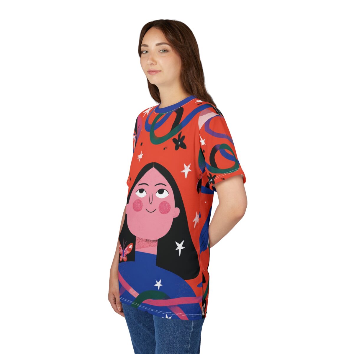 Red sublimation tee displays whimsical streetwear aesthetic all over print, seamless wrap around graphic illustration.