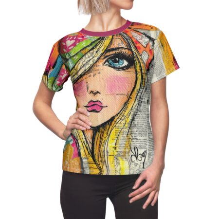 Woman's face portrait all over print sublimation tee with collage elements, blue eyes, pink lips, and text graphics.