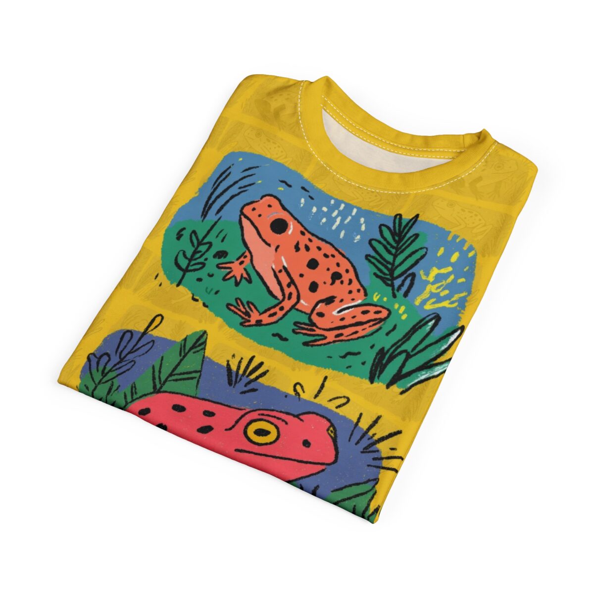 Vibrant yellow background patterns cover this sublimation graphic tee, depicting hand-drawn orange frogs in blue patches.
